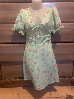 Floral Tie-Front Mini Dress in Mint with Pink Print